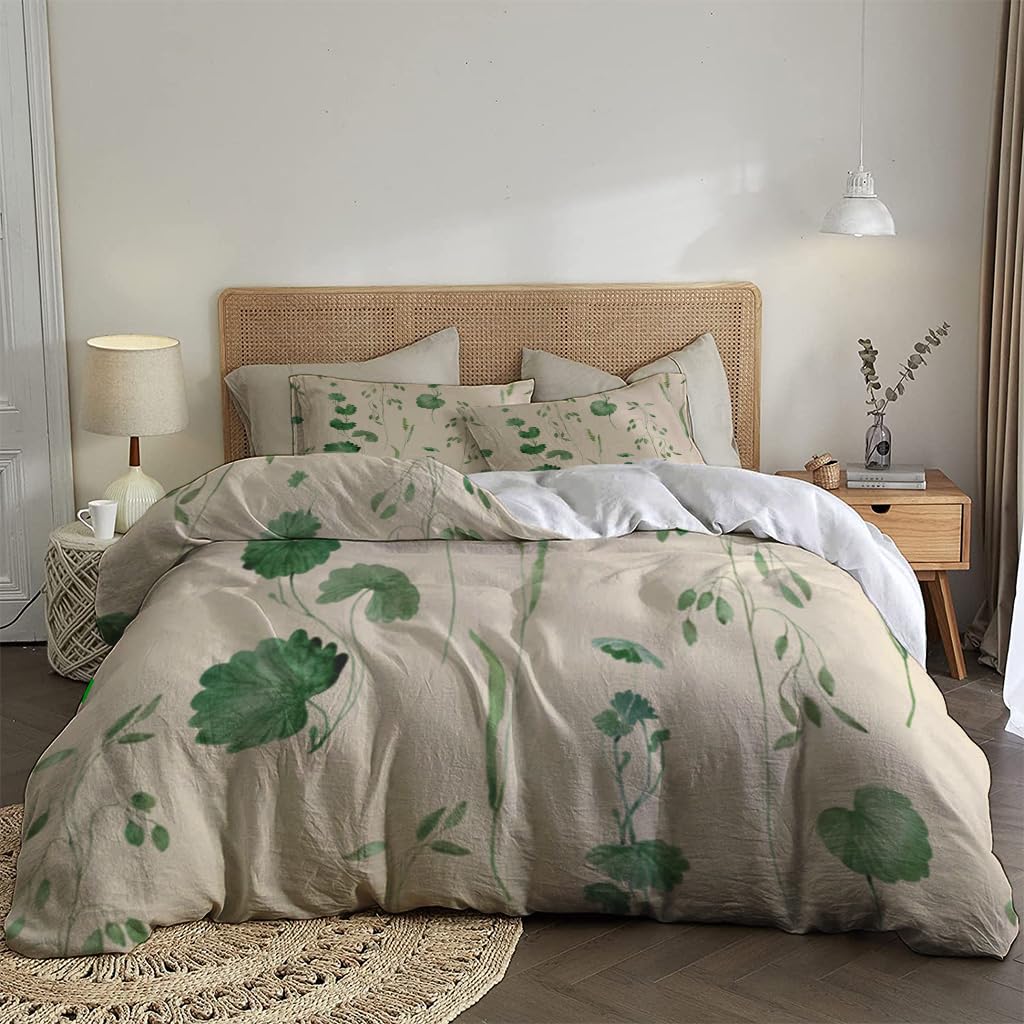 NIBAINLO 布団カバー水彩画 野の花 緑のハーブ 花柄 肌に優しい ピーチスキン加工 掛け布団カバー 和式 洋式 あったか 布団カバーセット リバーシブル ホームステイ ホテル 家庭兼用