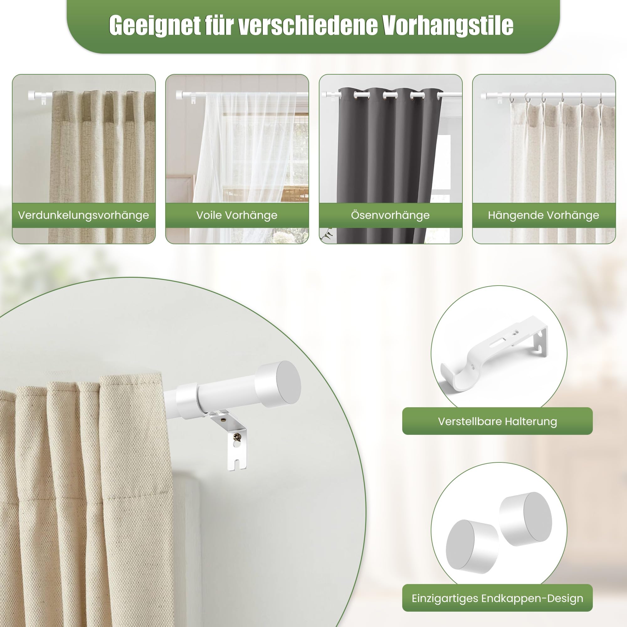 Bastone per Tende 63-183cm, 16mm Bianco Asta per Tende con Terminali e Supporti, Asta per Tende Estensibile per Camera da letto, Soggiorno, Cucina