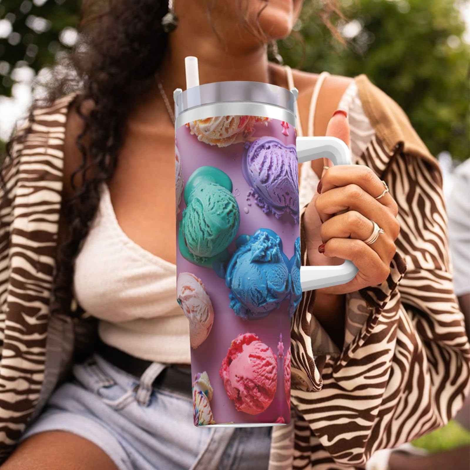 Eisbecher mit Griff, Reisebecher, Trinkhalm, Edelstahl, für Wasser, Eistee, Kaffee, Geschenk