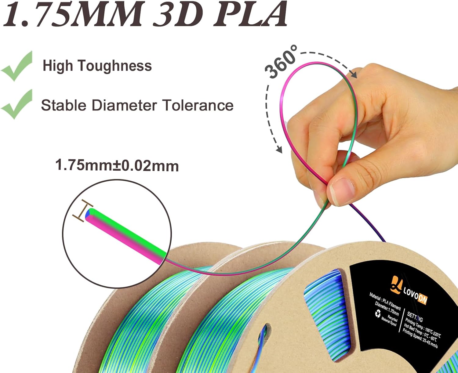 LOVOON Silk PLA 3D Printing Filament Bundle 2KG, PLA Filament 1.75mm Shiny Tricolor Pack Fast Color Change 3D Printer Filament, Get 2 Spools of Silk Blue/Green/Red, 1KG X 2 Spools