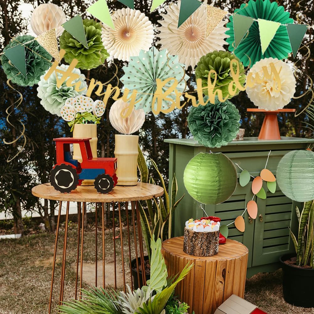 Olive Sage Green Birthday Decorations Sage Green Champagne Gold Party Decorations Paper Fans Pom Poms Lanterns Happy Birthday Banner Triangle Flags Garland for Women Girls Boys Men - Image 3