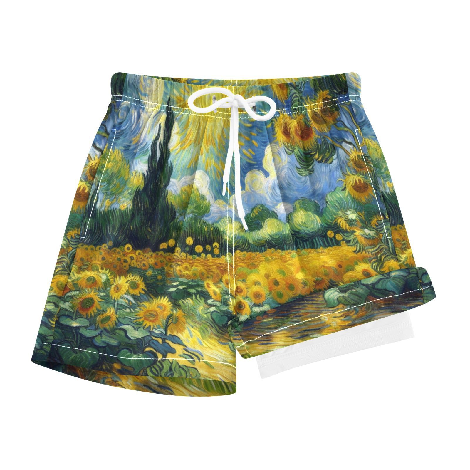 YANENDIE Boy Swim Trunks with Compression Liner Sunflower Garden Van Gogh Boys Swim Shorts Quick Dry Beach Shorts