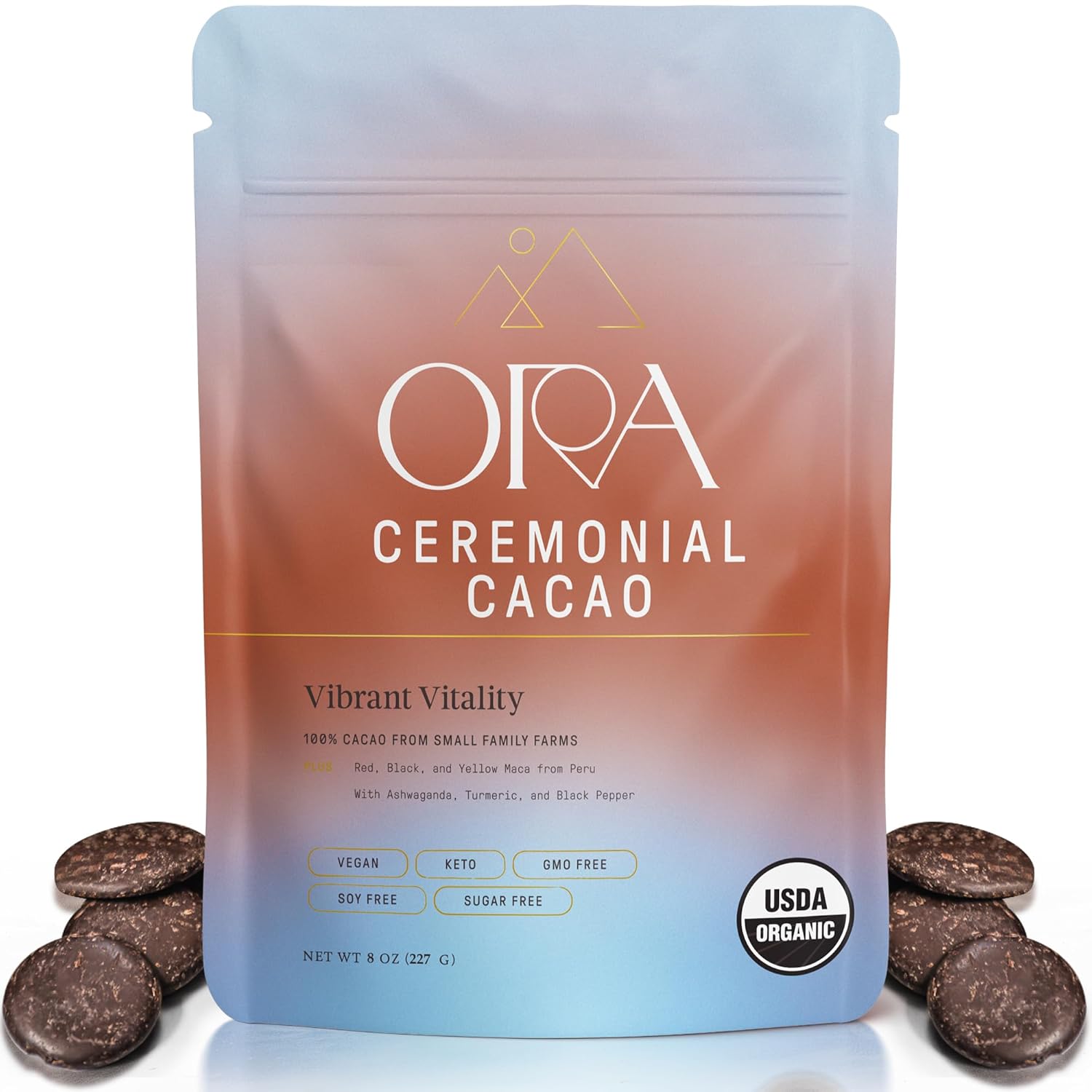 ORA Ceremonial Cacao - Vibrant Vitality - Organic 100% Cacao with Maca, Ashwagandha, Turmeric - Ethical - High Flavanol - Unsweetened - Heavy Metals Tested - 8oz