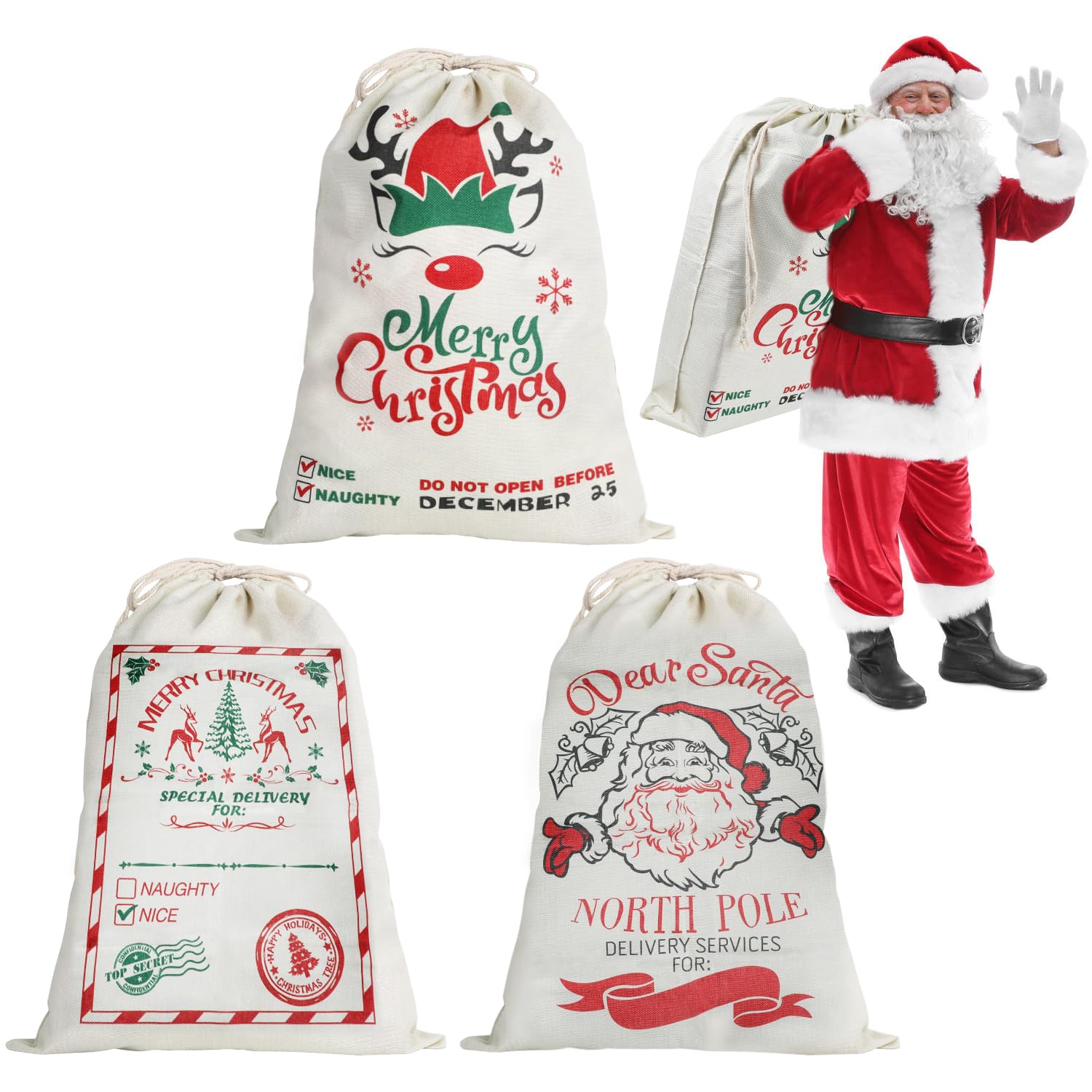 DERAYEE 3 Pack Christmas Santa Sacks, Christmas burlap bag with Drawstring Personalized Gift Bags for Xmas Presents Holder Party Supplies