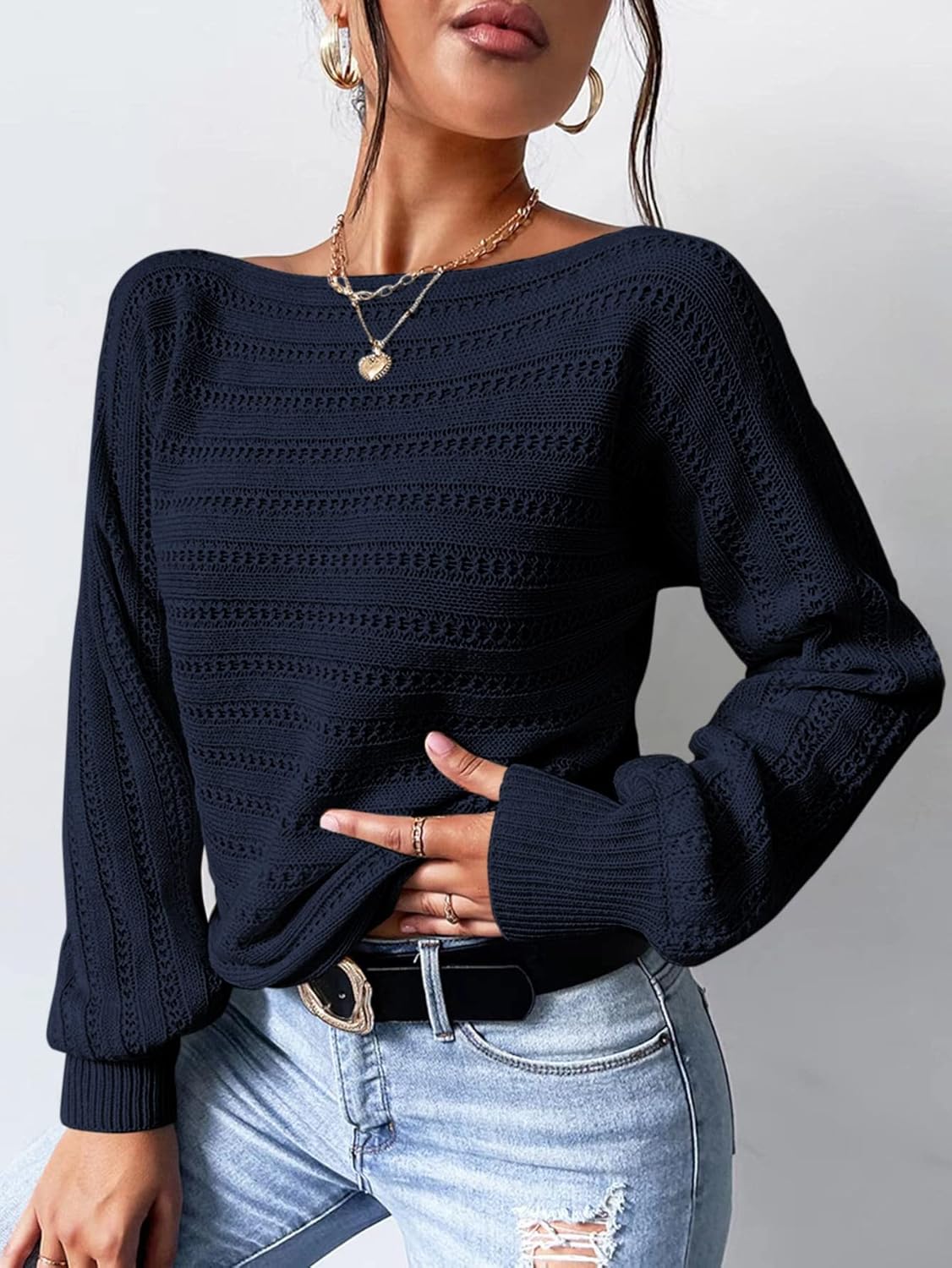 Women's Sweater Batwing Sleeve Pointelle Knit Sweater Sweater for Women (Color : Navy Blue, Size : Medium)