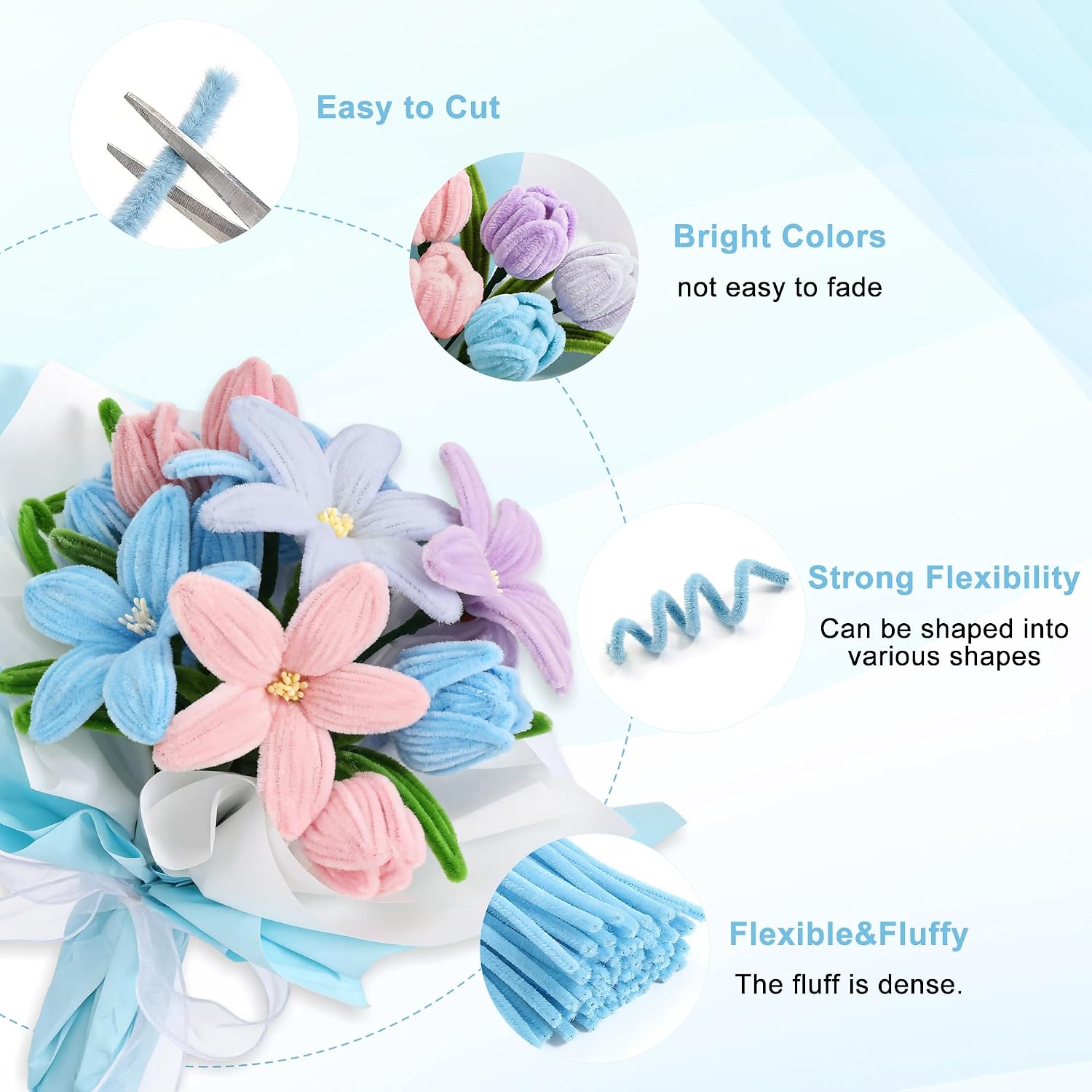 Yoption 500 Pcs Pipe Cleaners Craft, 5 Assorted Colors Pipe Cleaners Bulk, Chenille Stems with Instruction, Wrapping Paper, Flower Stamens, Floral Wires, Gardening Tape, Stamen & Ribbon (Colorful)