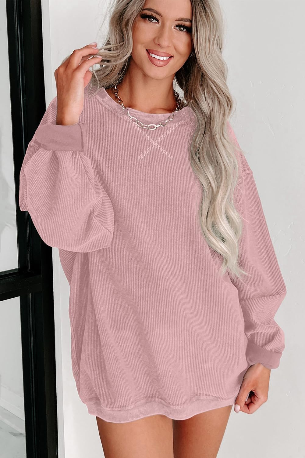 ONLYSTORY Womens Sweatshirts Casual Cored Corduroy Pullover Tops Oversized Long Sleeve Crewneck Shirts
