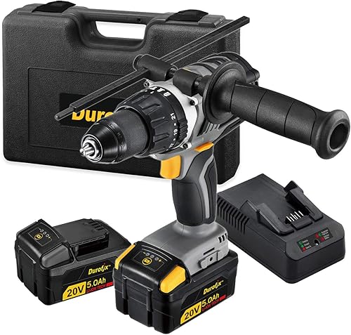 Durofix Taladro martillo jumbo de 20 V sin escobillas, 2 velocidades de iones de litio, máximo 900 in-lbs, 30,000 BPM, 5.0Ah x2, cargador y funda,