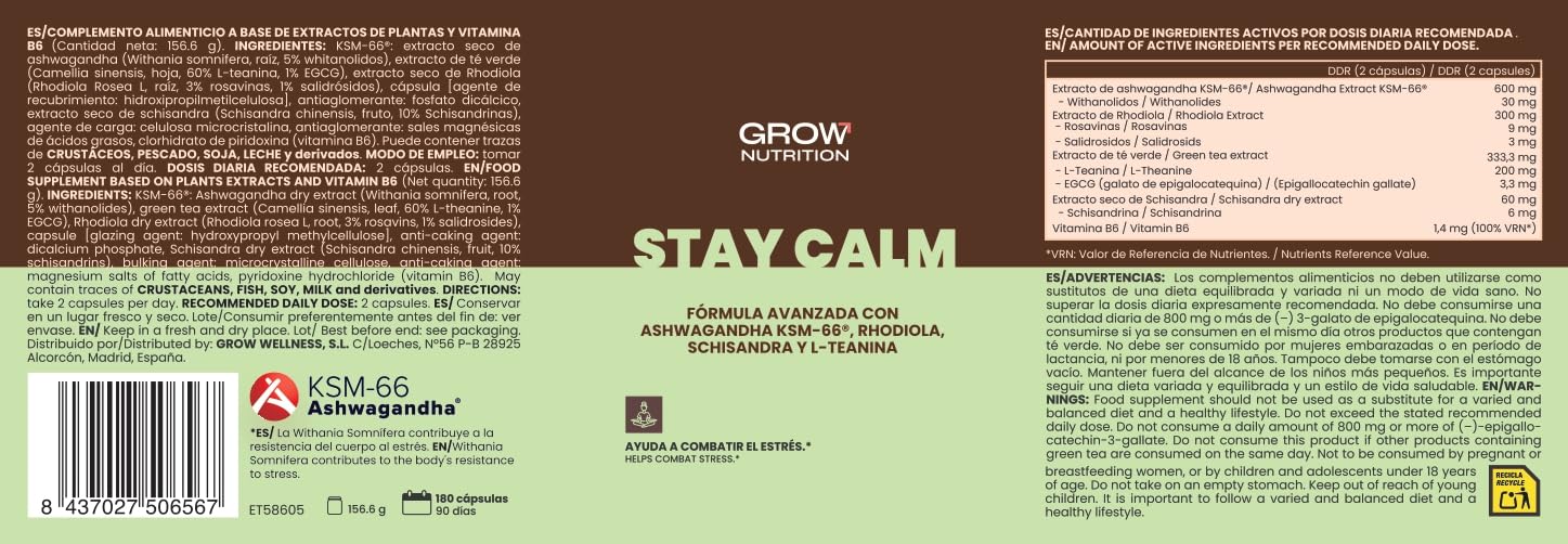 Grow Wellness Stay Calm Ashwagandha KSM-66 180 Cápsulas