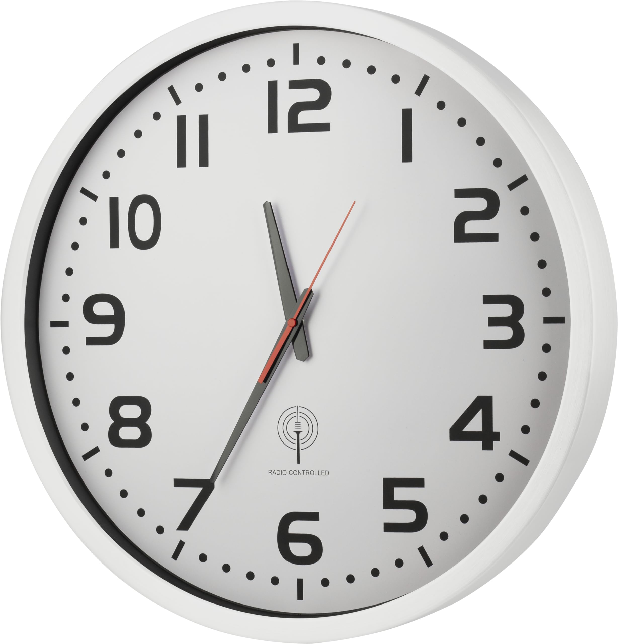 Eurotime 56863-00 radiowy zegar ścienny, 50 cm, biały, aluminium, prawdziwe szkło, przezroczysty cyferblat z 12 cyframi, automatyczna zmiana czasu i czasu, do salonu lub biura, przylegający do ściany,