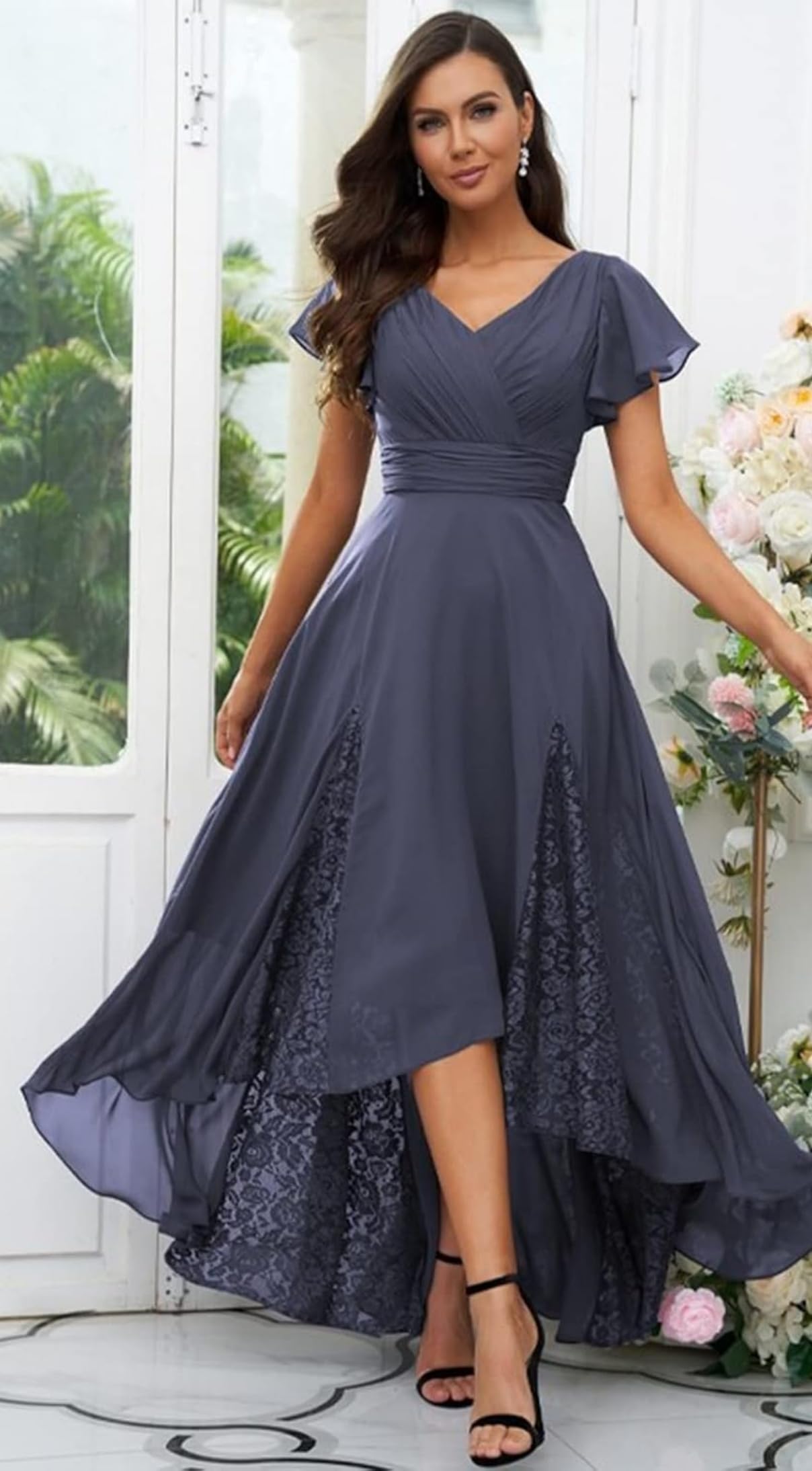 Tee Länge Brautmutterkleid V-Ausschnitt Spitze Abendkleid Chiffon A-Linie Festliche Kleider für Hochzeitsgast