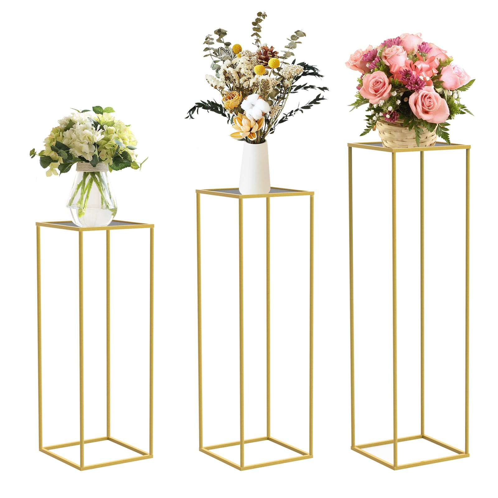 similar  Gold Metal Plant Stand, 3 Pcs Tall Cylinder Pedestal Stands for Parties and Weddings, Gold Square Cylinder Tables for Living Room and Patio Decor