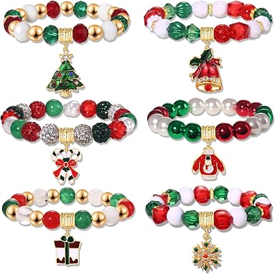 boderier 6 Pack Christmas Beaded Bracelet Set Snowflake Jingle Bell Charm Bracelet Xmas Holiday Costume Beaded Stretch Bracelet for Women Party Gifts