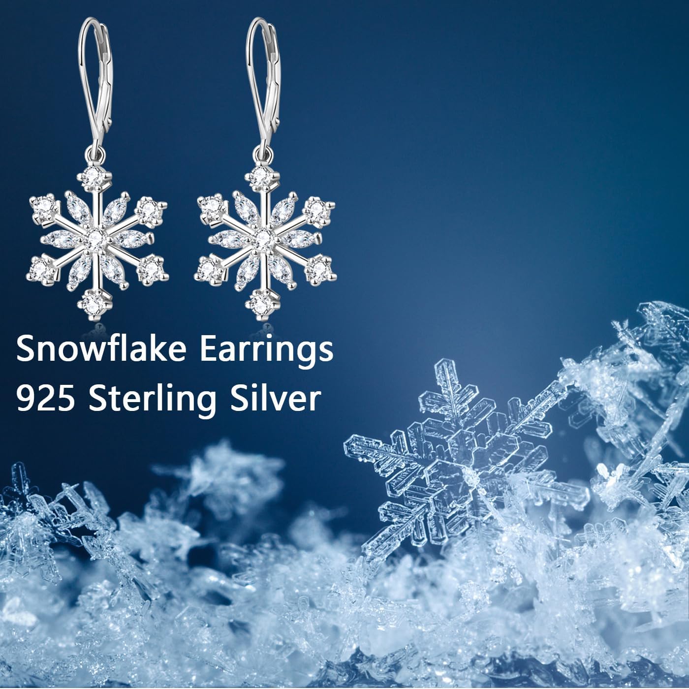 Snowflake Earrings for Woman 925 Sterling Silver Cubic Zirconia Winter Party Snow Flower Leverback Earrings Snowflake Dangle Drop Earrings Jewelry Holiday Chrismas Gifts for Women Girls - Image 6