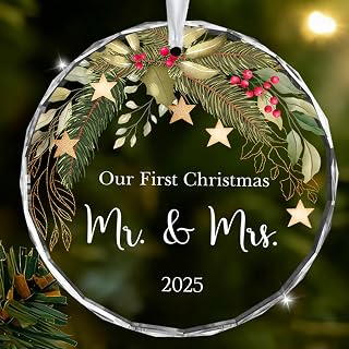 CWIOQPYI Wedding Gifts for Couples 2025, Wreath Mr & Mrs Glass Ornament for Christmas Tree Just Married Car Decorations, Bridal Shower Gifts for Newlyweds - A07