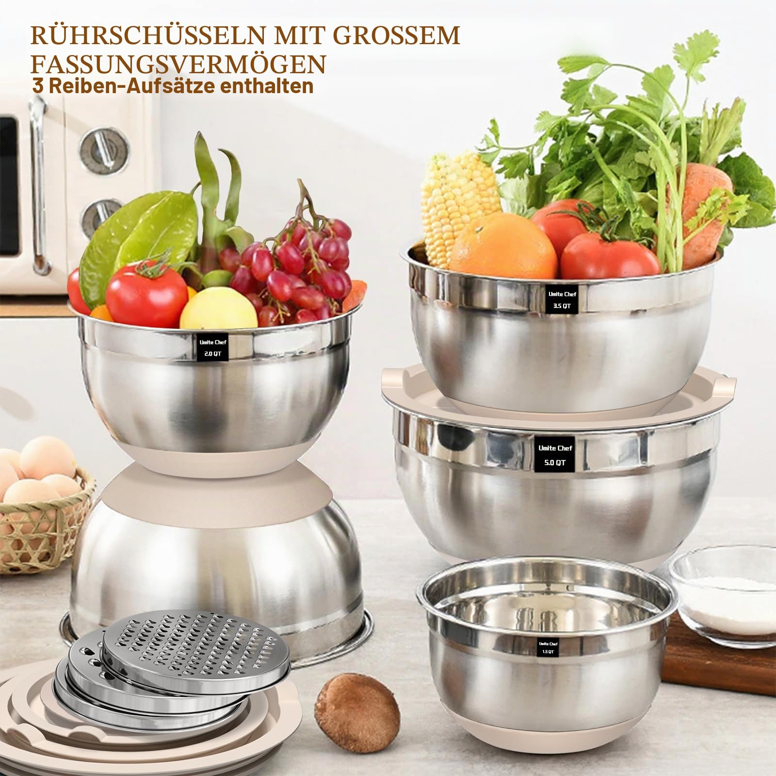Umite Chef Rührschüsseln mit luftdichtem Deckel, 8 Stück, Edelstahl, Khaki, Nistschalen mit Reibeaufsätzen, Küchenschüsseln mit rutschfester Unterseite, Größe 5, 4, 3,5, 2, 1,5 l zum Mischen und