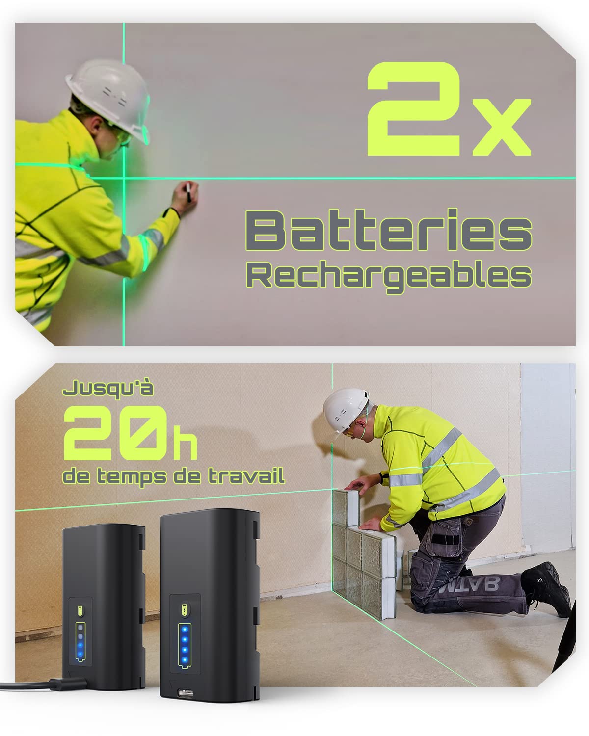 LasGoo LG-3D Niveau Laser Auto-nivelant 3x360°- Laser 3D à Faisceau Vert pour Construction et Alignements - 2 Batteries Rechargeables (20h) - Support Magnétique Rotatif et Relevable，Vert