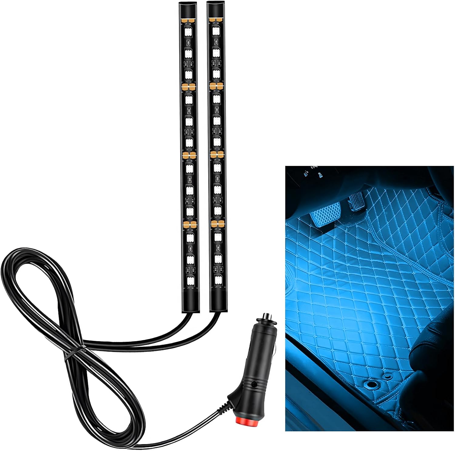 Car LED Strip Light, 12V 24 LEDs RGB Car Interior Atmosphere Lamp with USB Port, Vehicle Under Dash Floor Ambient Night Decorative Lighting Kit (Ice Blue)