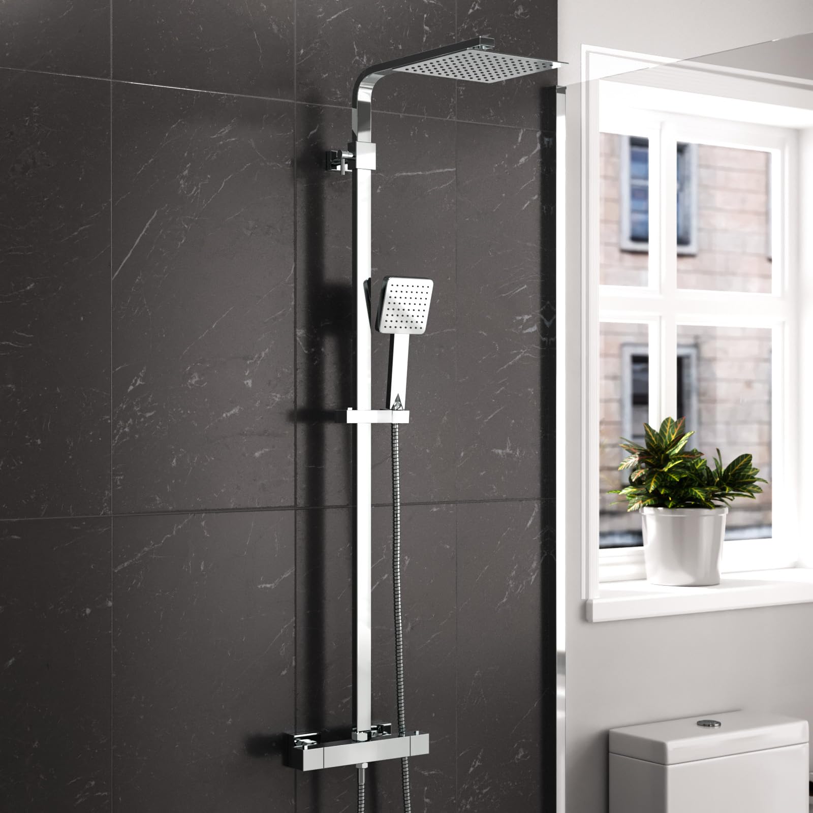 Nes Home Modern Square Round Exposed Thermostatic Mixer Shower Set Shower Head and Handheld Chrome or Matte Black (Square, Chrome)
