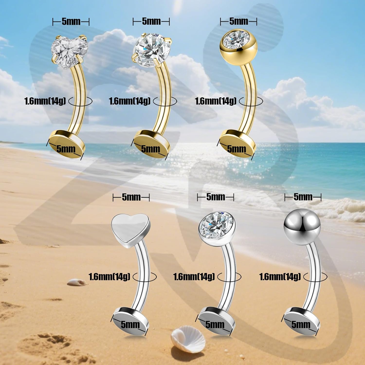 ZS 6Pcs CZ Floating Belly Button Rings, 14G Stainless Steel Belly Button Piercing, Double-ended Internally Threaded Curved Barbell Eyebrow Lip Rings for Women - Image 6