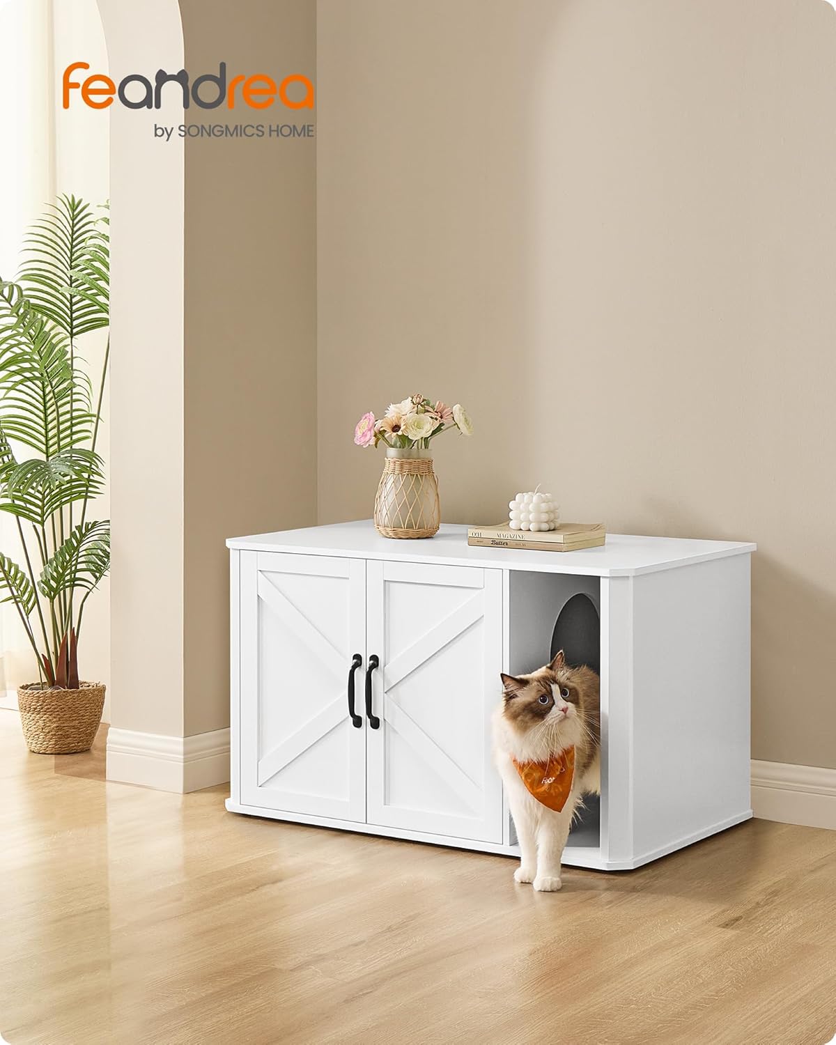 Feandrea Modern Cat Litter Cabinet Front Entrance Double Door Handles Cat House Side Table 85 x 48.5 x 50 cm Cloud White PCL012W01