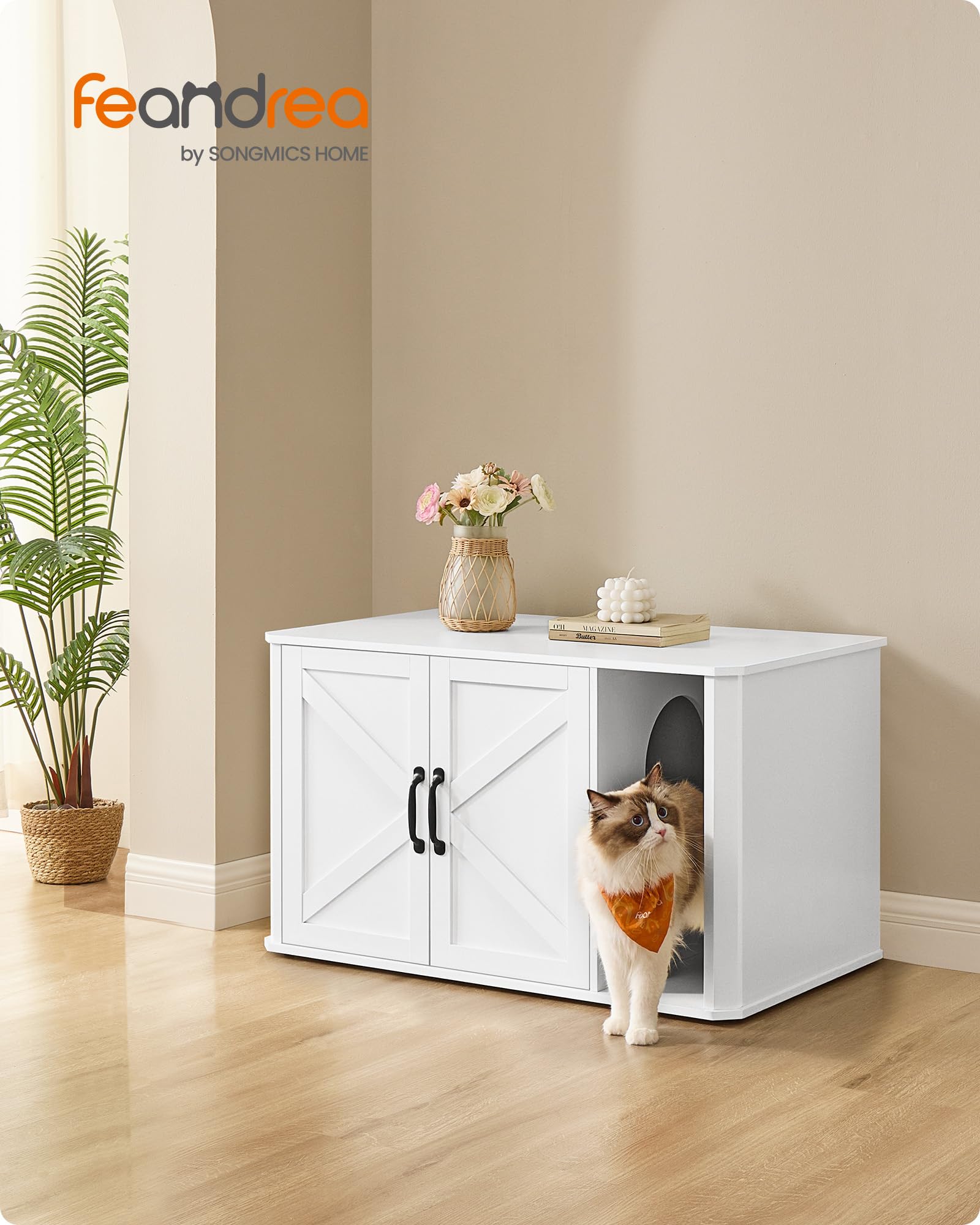 Feandrea Mobile per Lettiera, Mobile Moderno per Lettiera Nascosto, con Ingresso Frontale, Doppie Porte, Maniglie, Casetta per Gatti, Tavolino Laterale, 85 x 48,5 x 50 cm, Bianco Nuvola PCL012W01