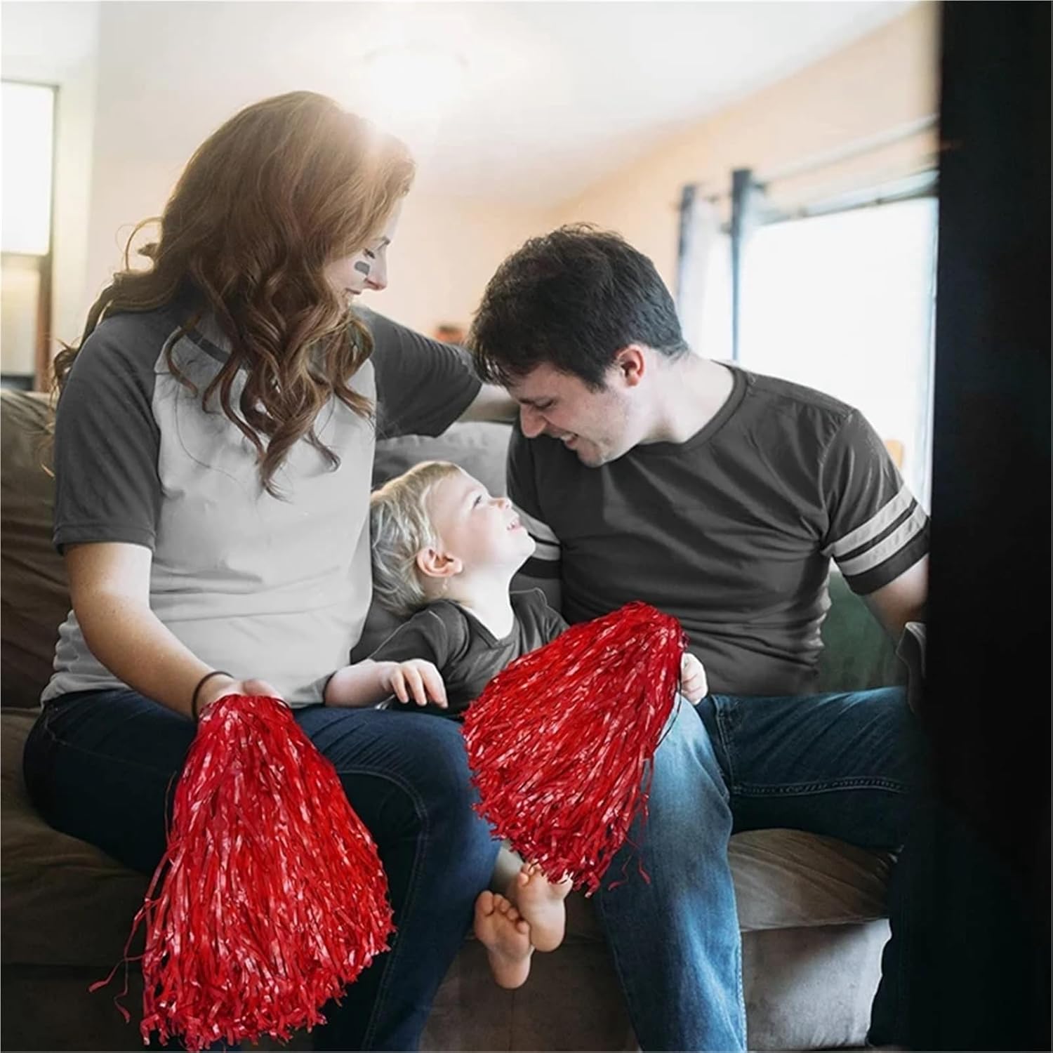 Cheerleading Pom Poms 48-Pack Red Metallic Cheerleading Pom Poms with Plastic Handles, for Adults Kids Party