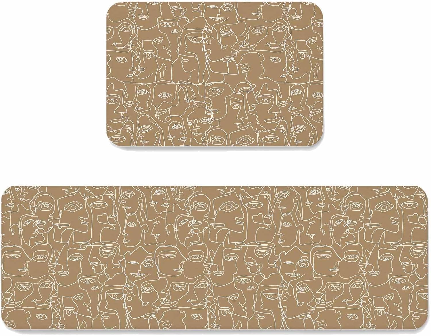 Prime Leader Brown Modern Art Kitchen Mat Set 2 Pieces White Abstract Line Human Face Minimalist Non Slip Kitchen Rugs Washable Runner Rug Mats for Sink Laundry (19.7" x 31.5"+19.7" x 47.2")
