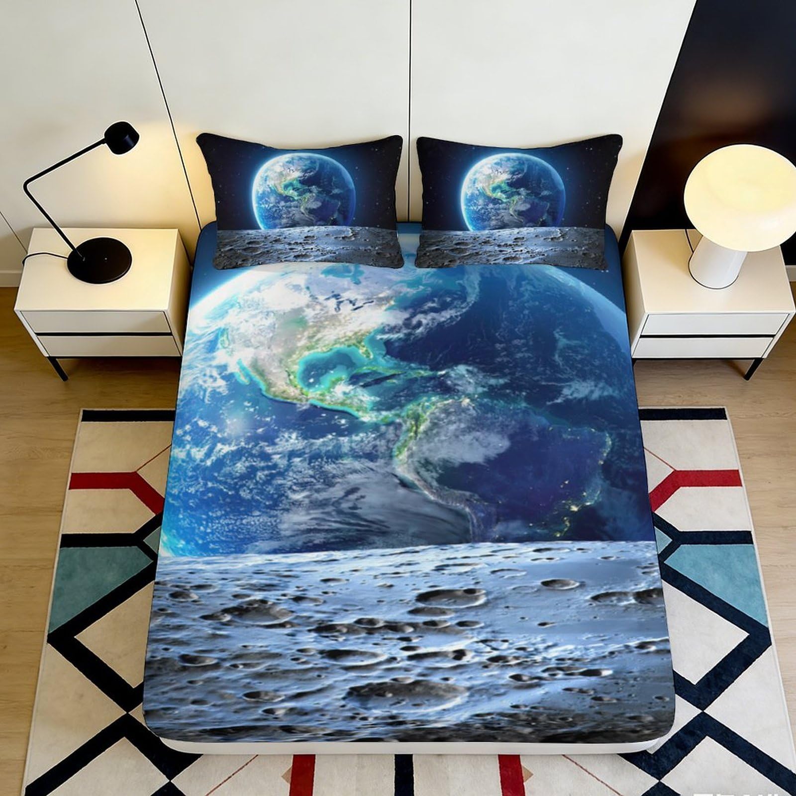 Uxinyoume Style-1 3D Printed Earth View Fitted Sheet Microfiber Bedroom Decor Moon Surface Mattress Cover Anti-Slip Washable For Home Guest Room 90X200x25cm