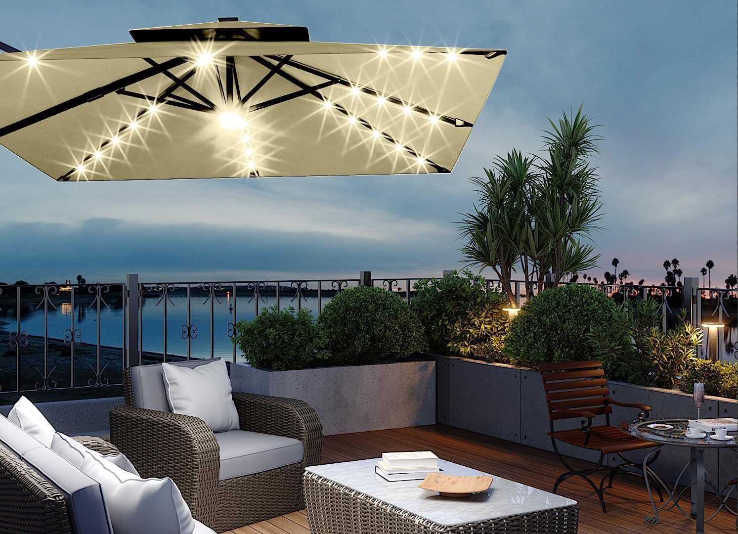 Garvee 10 ft Solar Lights Cantilever Patio Umbrella with Base Included, 360° Rotation Offset Umbrella, Easy Crank & Tilt Adjustment, UV Protection for Backyard, Poolside, Deck - Image 6