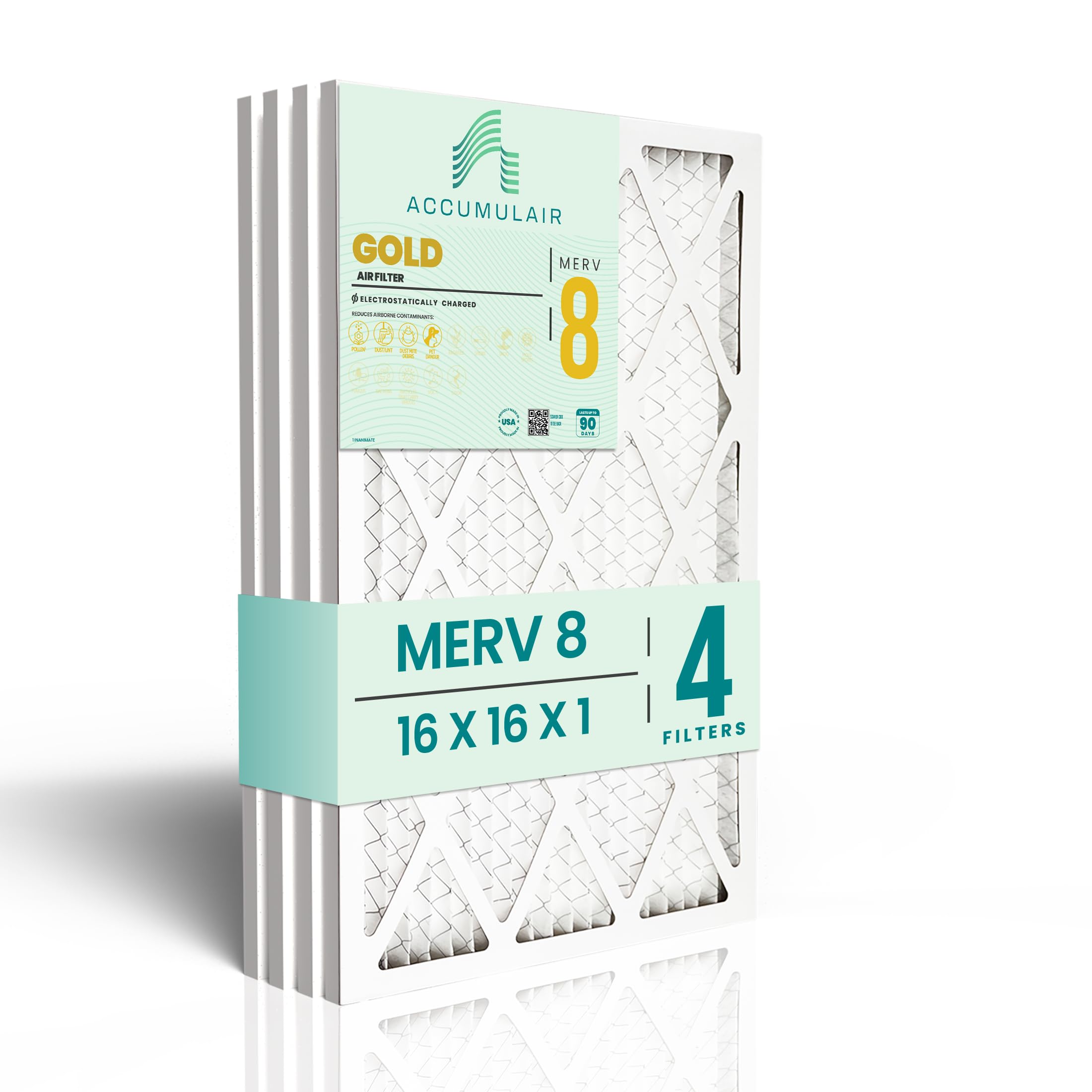 Accumulair Gold 16x16x1 MERV 8 HVAC AC Furnace Air Filter (4-Pack) | Replacement Air Filter for Home, Residential and Commercial Use | Made in USA | Actual Size 15.75x15.75x1