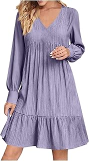 Fall Dresses for Women Long Sleeve V Neck Lightweight Pleated Casual Empire Waist Casual A Line Swing Mini Dress