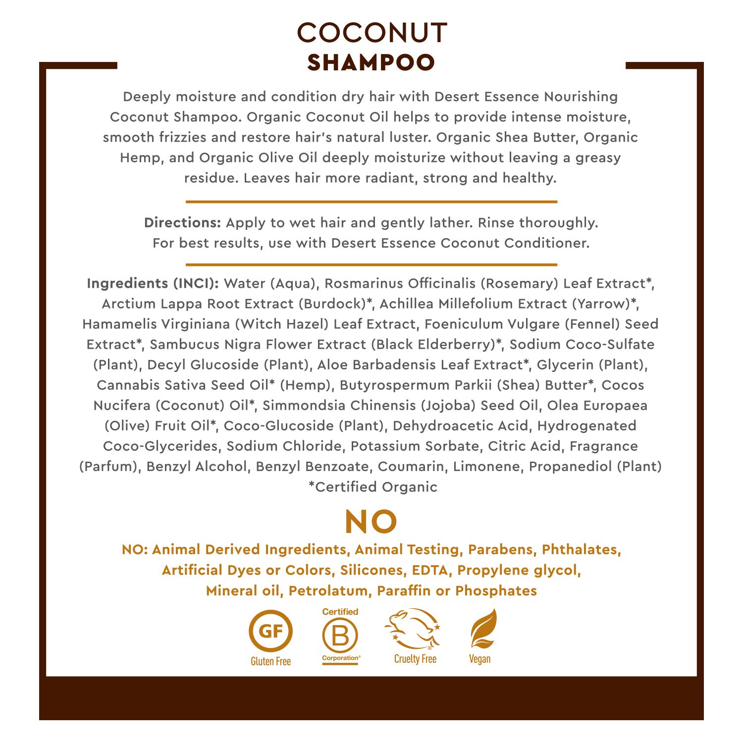 Desert Essence Coconut Shampoo, 8 fl oz - Gluten Free, Vegan, Paraben Free - Nourishing for Dry Hair with Coconut Oil, Shea Butter, & Hemp Oil - Mousturizes & Smooths Frizz 8 fl oz. - Image 4