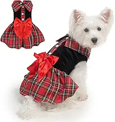 BEAUTYZOO Vestido xadrez para cachorro com laço, vestido de cachorrinho de veludo de cristal, roupas de inverno para cães pequenos, meninas, chihuahua yorkie poodle, vermelho, M