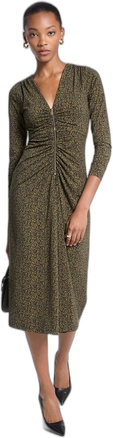 Michael Kors Womens Zip Front Ruched Midi Dress