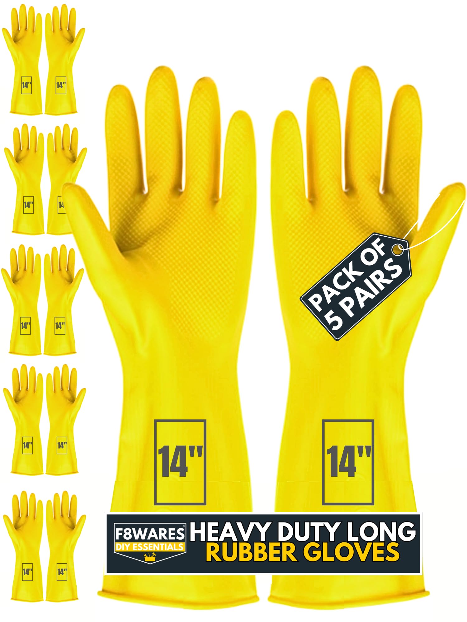 F8WARES 14inch Long Heavy-duty Reusable Dish washing Kitchen Industrial Gardening Cleaning Latex Rubber Hand Gloves For Men Women Yellow Color (Large, Pack of 5 Pairs) (B09R25J8XX) Amazon Price History, Amazon Price Tracker