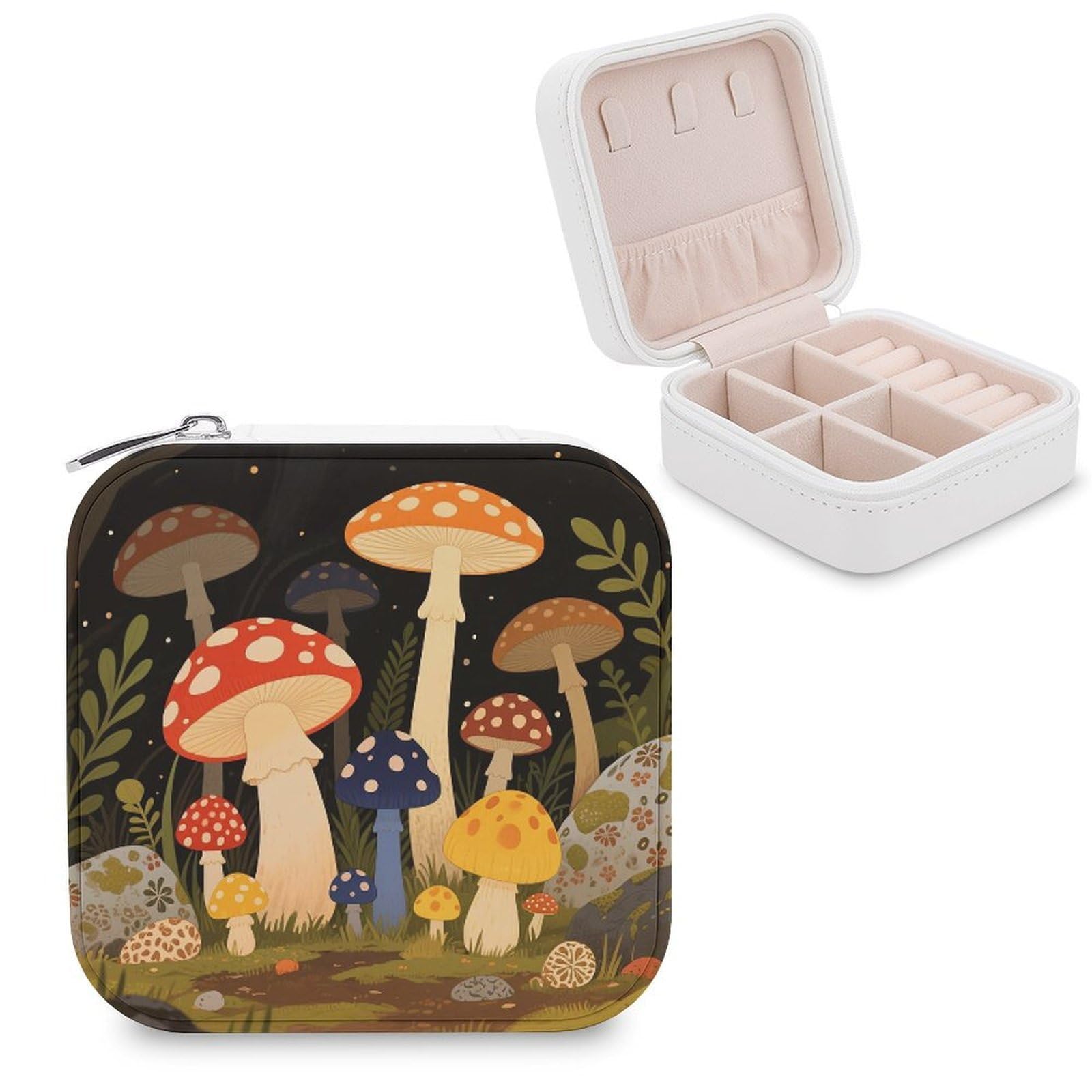 VstaDank Vintage Mushrooms Jewelry Box for Women Jewelry Organizer Storage Case with Zipper Mini Travel Jewelry Case Cute Trinket Organizer Leather Portable Jewelry Storage Box