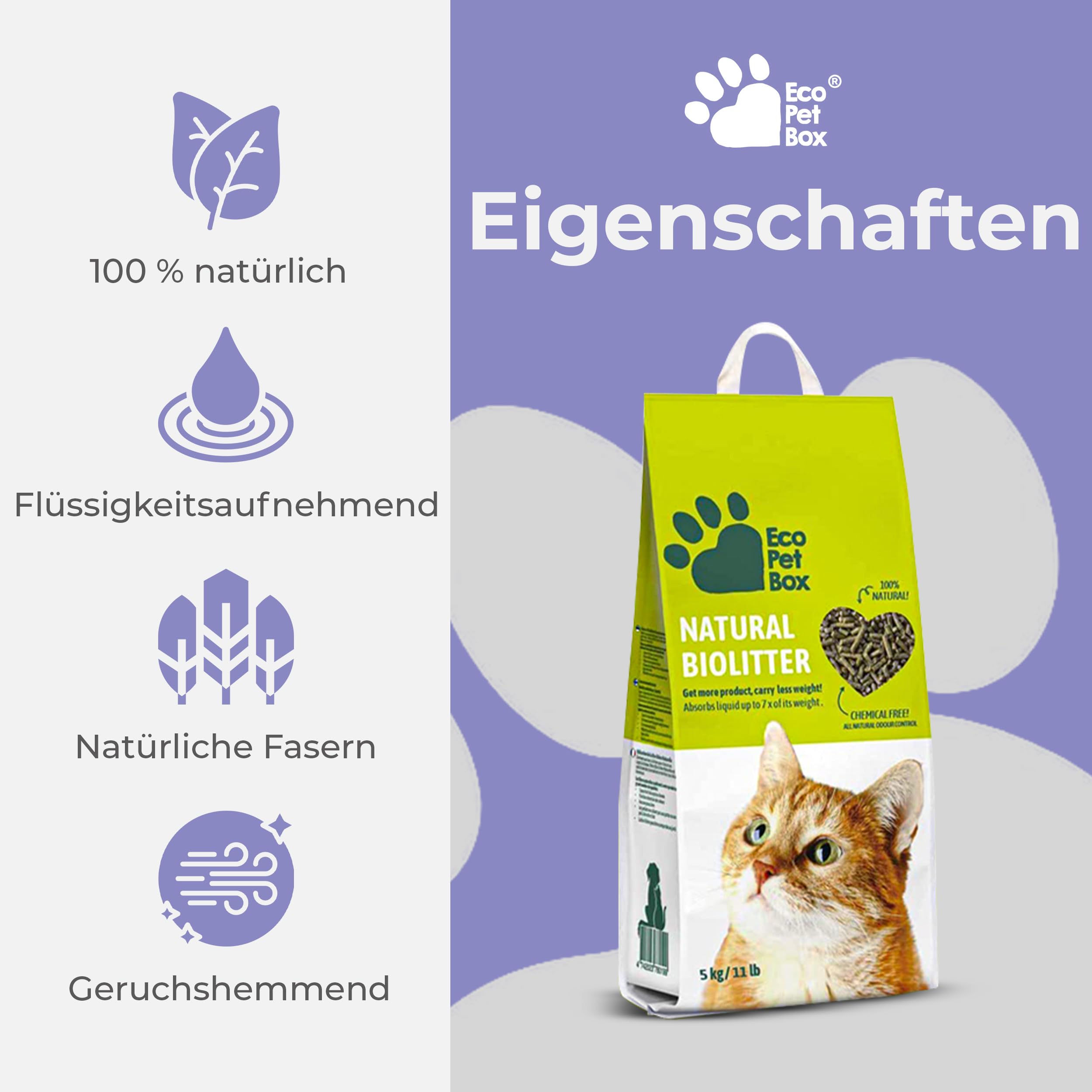 EcoPetBox Litière pour chat bio compostable 15 kg – Non agglomérante pour chats multiples, sans poussière, granulés de bois naturel pur