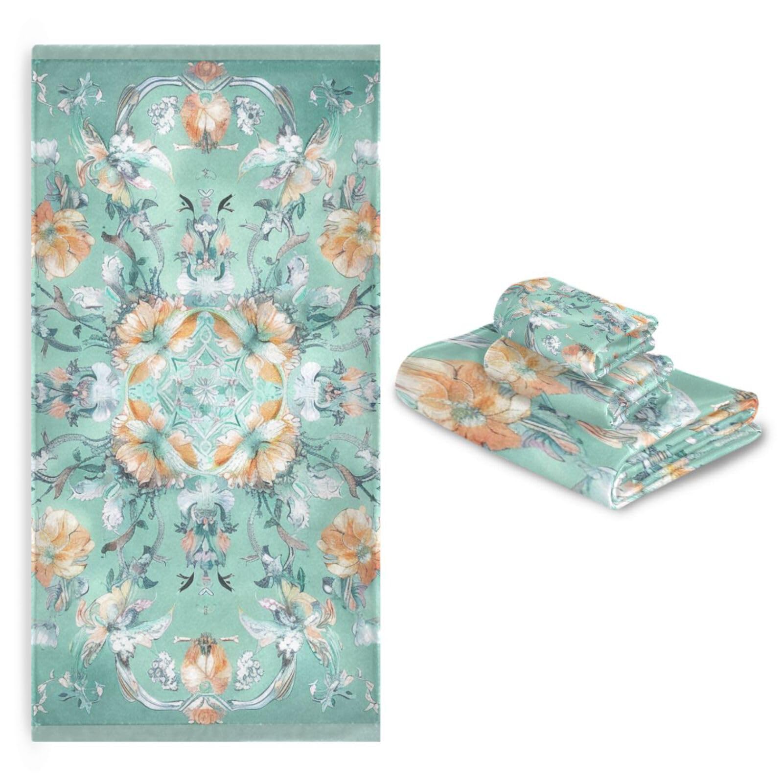 Set di 3 asciugamani morbidi in stile bohémien con fiori e fiori verdi, 1 asciugamano da bagno, 1 asciugamano per mani, 1 panno per la casa, cucina e famiglia