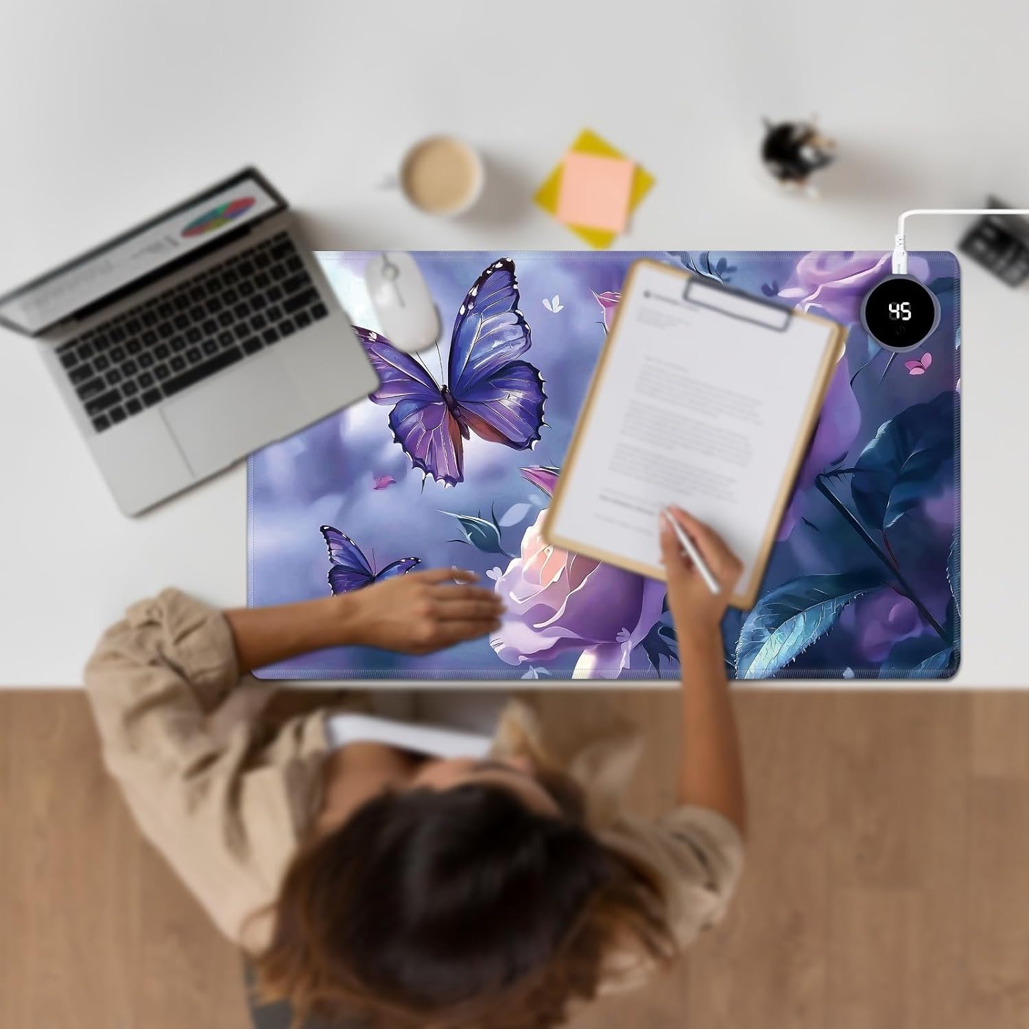 Heated Desk Pad Large Mouse Pad 23.6 x 14.1 inch with 3 Levels Heating & Auto Shut-Off Warm Mouse pad PU Leather Computer Mousepad for Home Office Work - Purple Rose Flower and Butterflies
