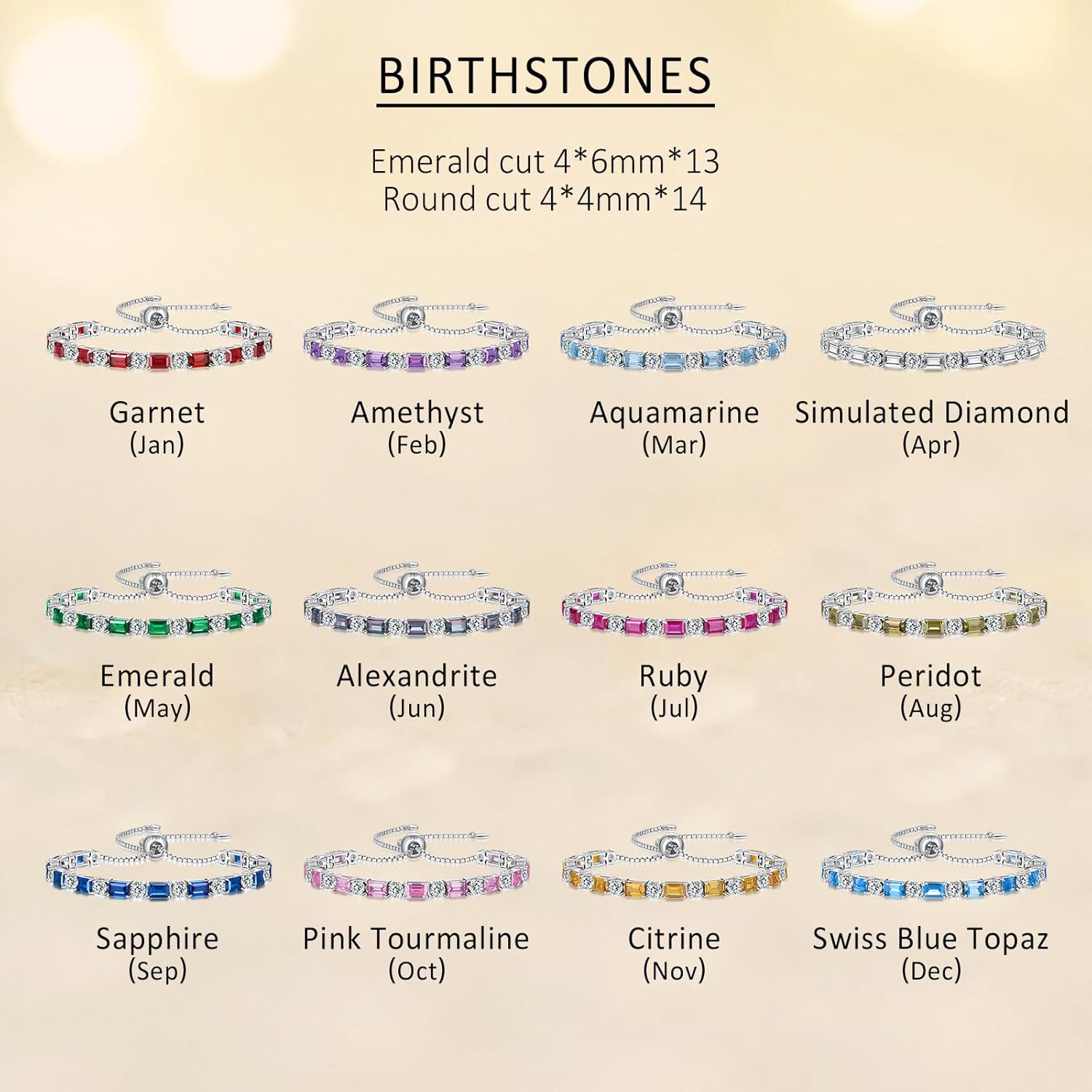 Birthstone Tennis Bracelets for Women White Gold Sterling Silver Gemstone Bracelets Adjustable Chain 6-9 Inchs Jewelry Anniversary Birthday Gifts for Women Mom Wife Her - Image 7