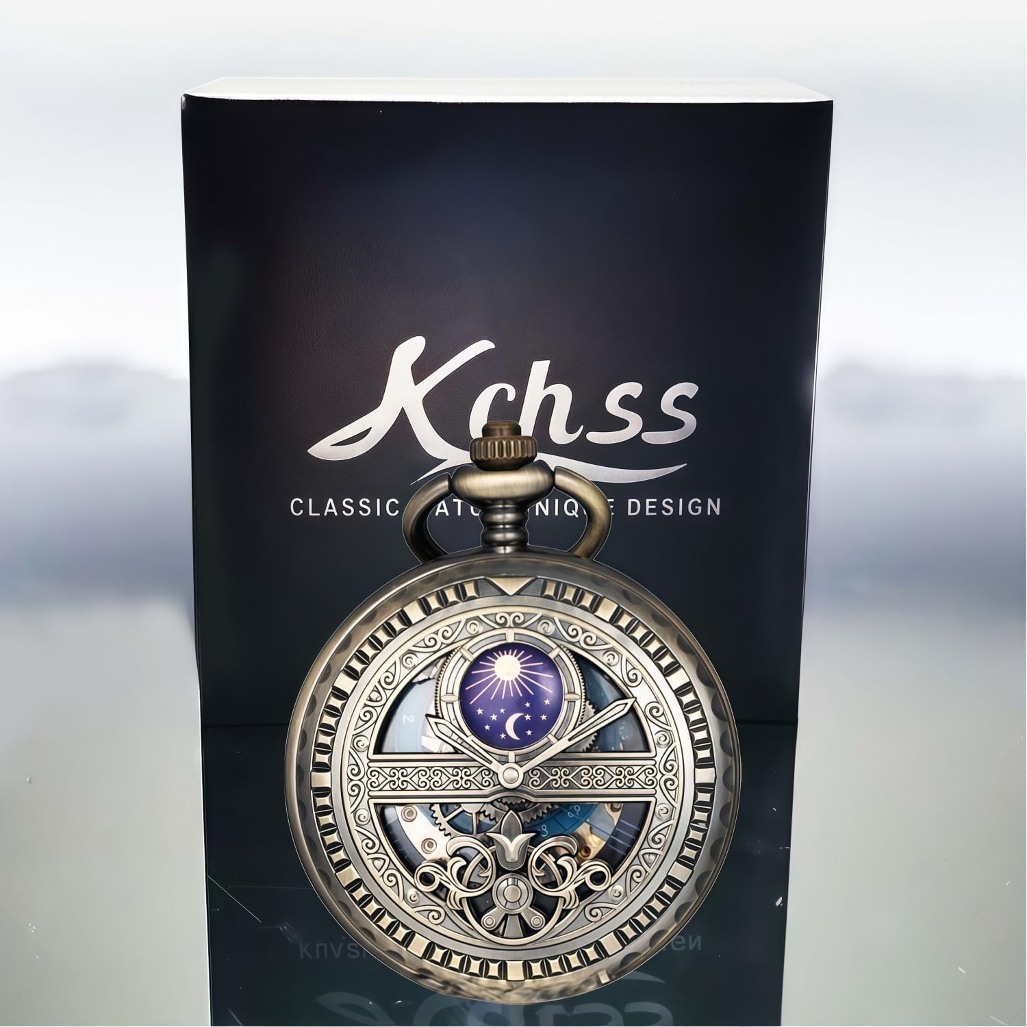 Hollow Moon Mechanical Pocket Watch Necklace Pendant Gift for Men, Men's Sun Moon Mechanical Pocket Watch Roman Digital Dial with Chain Gift