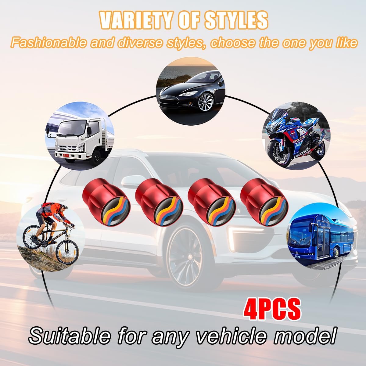 Car Tire Valve Stem Caps, 4PCS Wave Aluminum Alloy Leakproof Vehicle Tyre Valve Stem Cover with Rubber Ring, Dustproof Automotive Wheel Air Caps, Universal for Trucks SUVs Sedans (Red) - Image 6