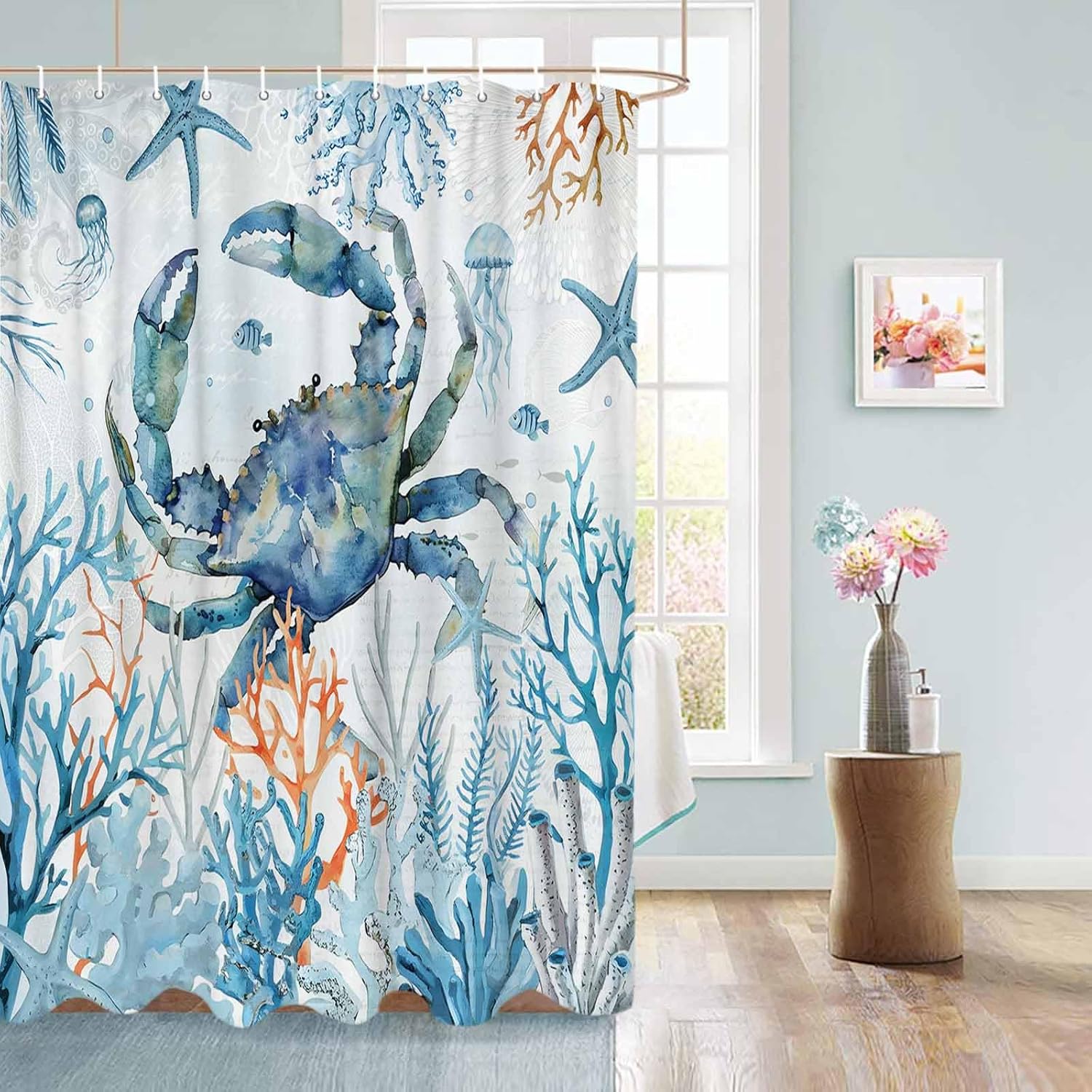 Blue Crab Coastal Waterproof Shower Curtains Set - Standard 72 x 72 Inch, Ocean Life Nautical Coral Polyester Fabric Bathroom Curtain with 12 Hooks, Bathroom Accessories, 1 Panel