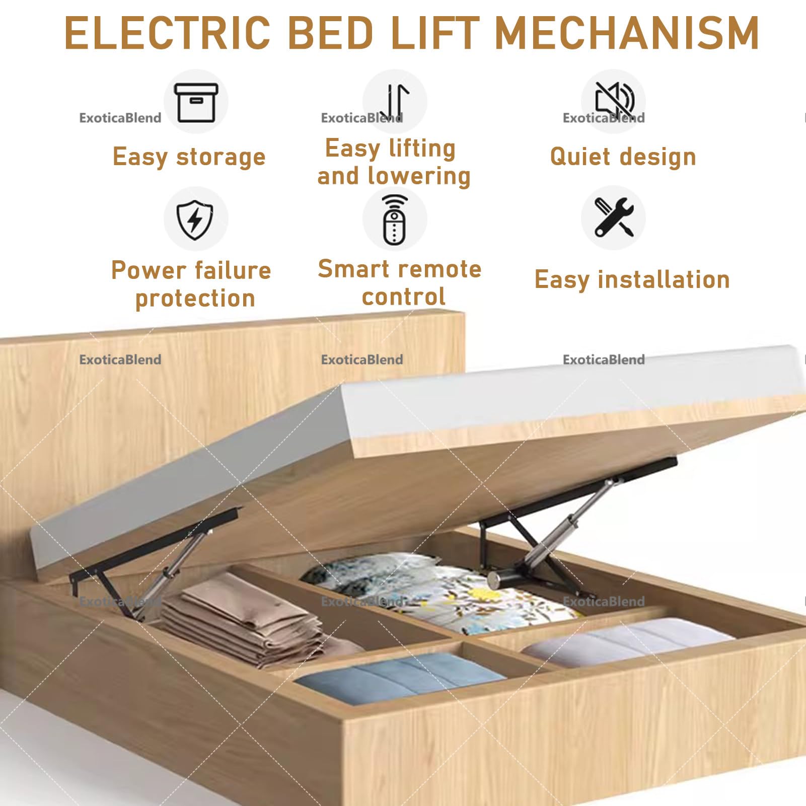 Meccanismo di Sollevamento Elettrico per Letto con Telecomando, Capacità di Carico 600 Kg, Cerniera di Supporto, Kit di Sollevamento per Letto Contenitore e Base divano a Molle Black-150cm