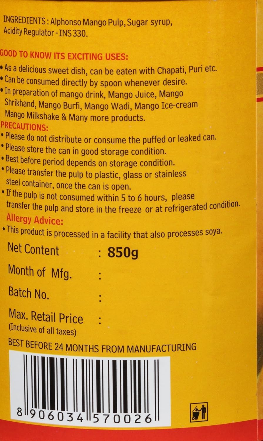 Ratnagiri Alphonso Mango Pulp, 30.34 oz / 860 g 1