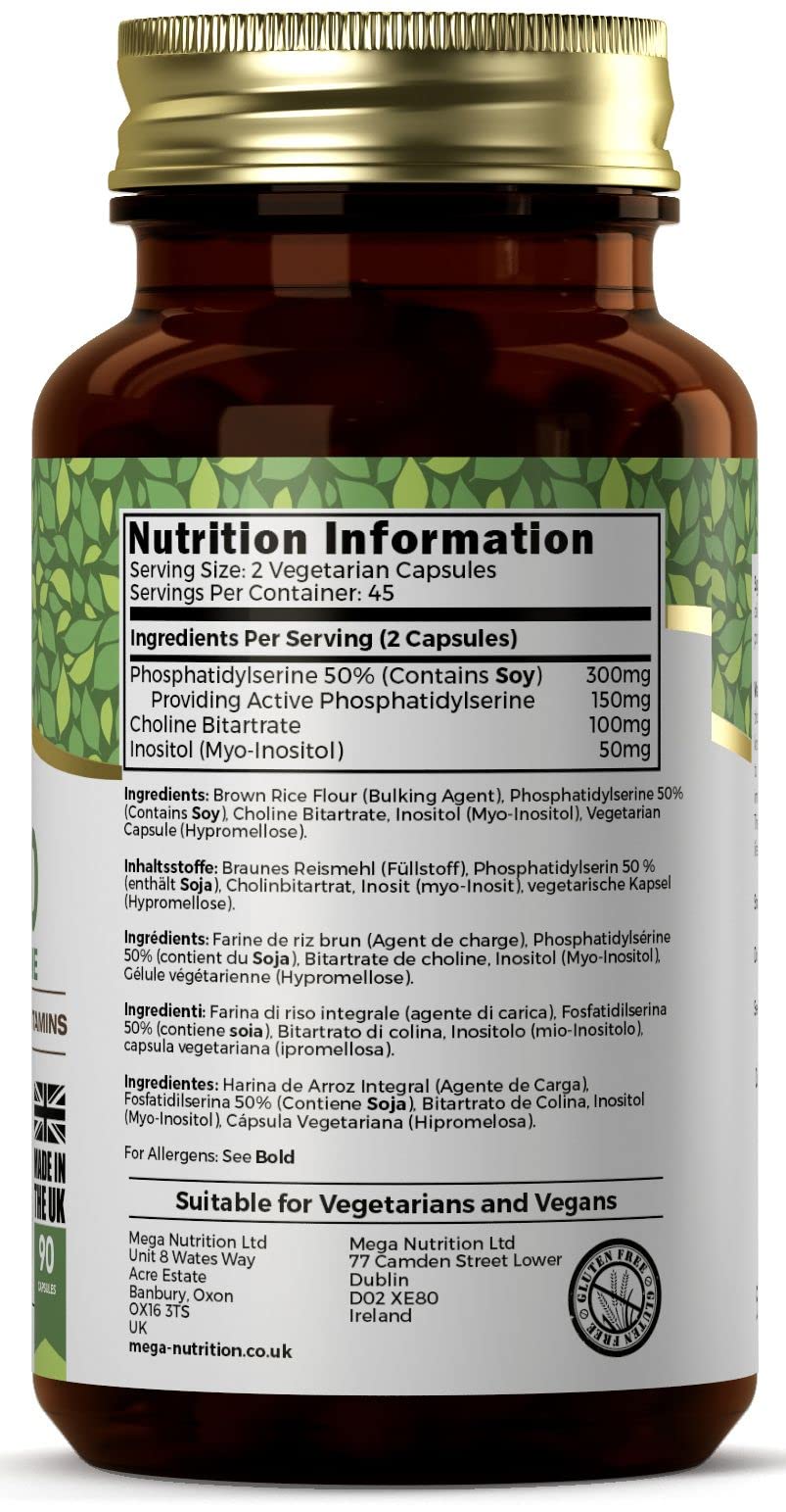 Ezyleaf Fosfatidilserina PS-300 con Bitartrato de Colina y Myo Inositol | 90 Cápsulas de Alta Potencia - Porción de 300mg | Fosfatidilserina y Colina | Sin OGM ni Gluten, Certificación ISO del RU
