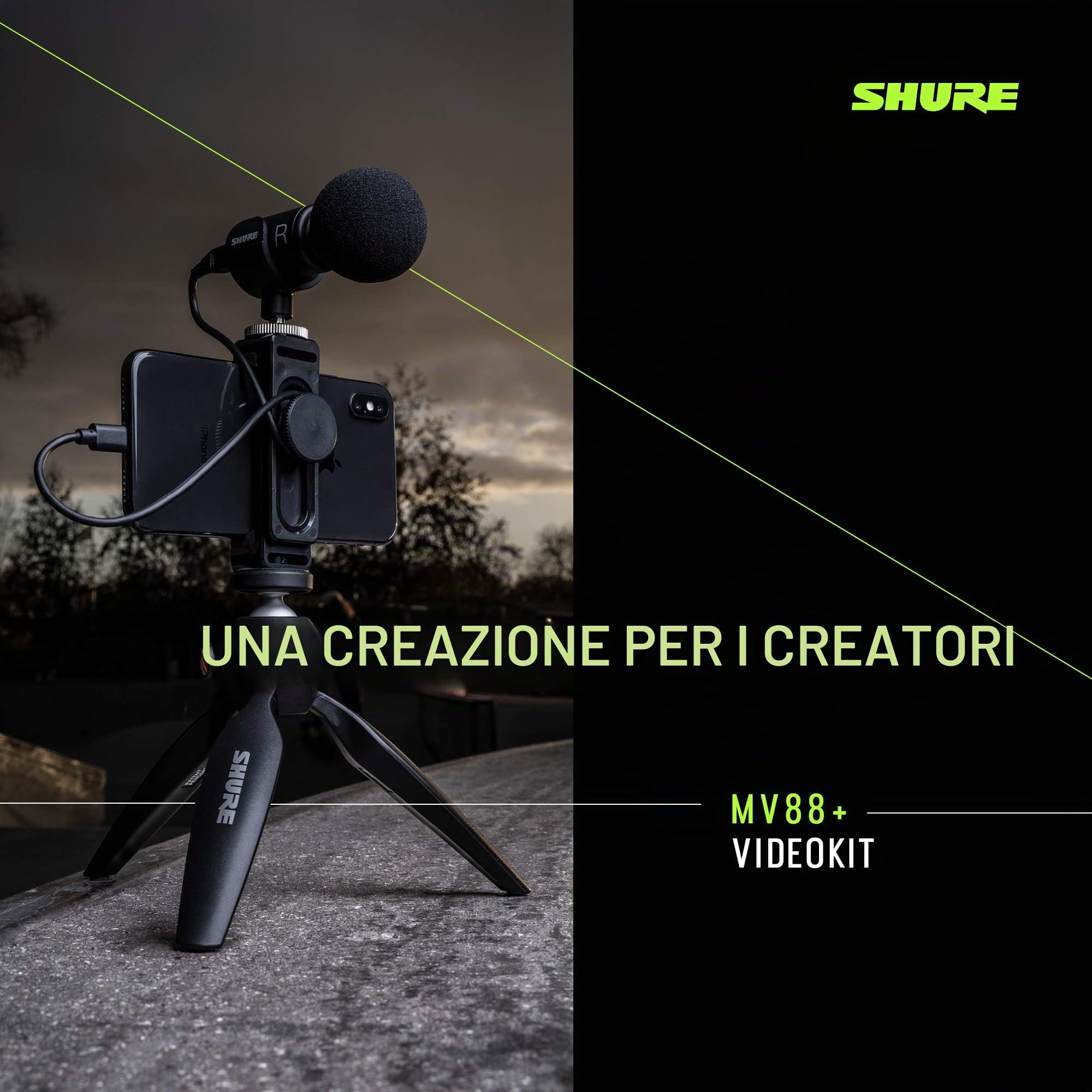Shure MV88+ Kit Cablato Microfono digitale stereo a condensatore Kit video per Apple e Android, con treppiede Manfrotto PIXI, morsetto per telefono, supporto, cavi iOS e USB-C