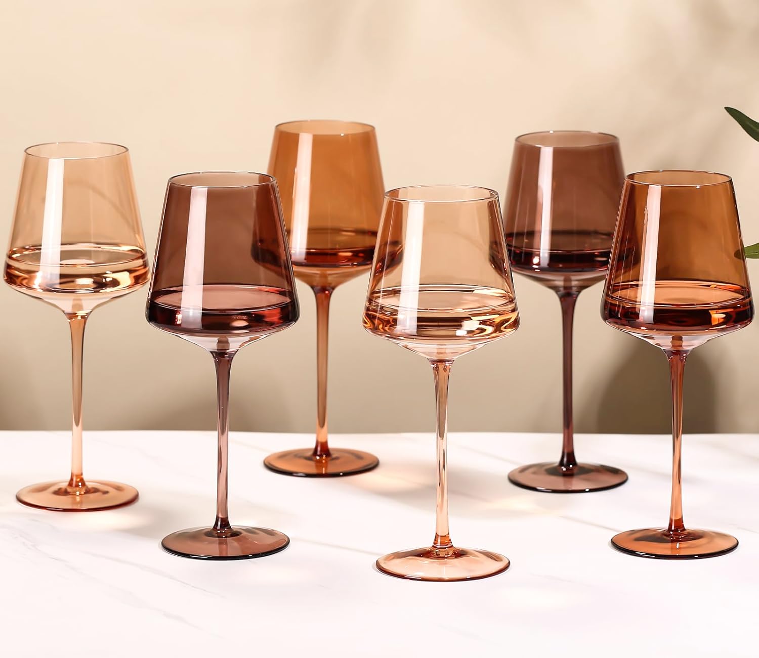 Brown Wine Glasses Set of 6-18oz【Hand Blown】 Crystal Amber Stemmed Venus Wine Glasses-Brown Wine Glass set for Fall Autumn Winter Wine Dinner
