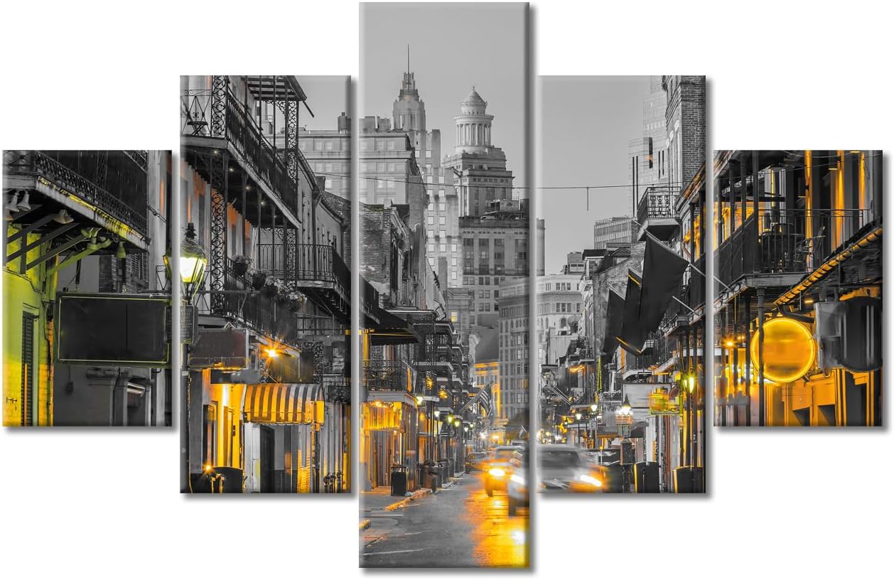 TUMOVO Pubs and Bars with Neon Lights in the French Quarter New Orleans USA Canvas Wall Art 5 Panel Pubs Picture Paintings Wall Decor for Bedroom Print on Canvas Framed Ready to Hang 60" Wx40 H